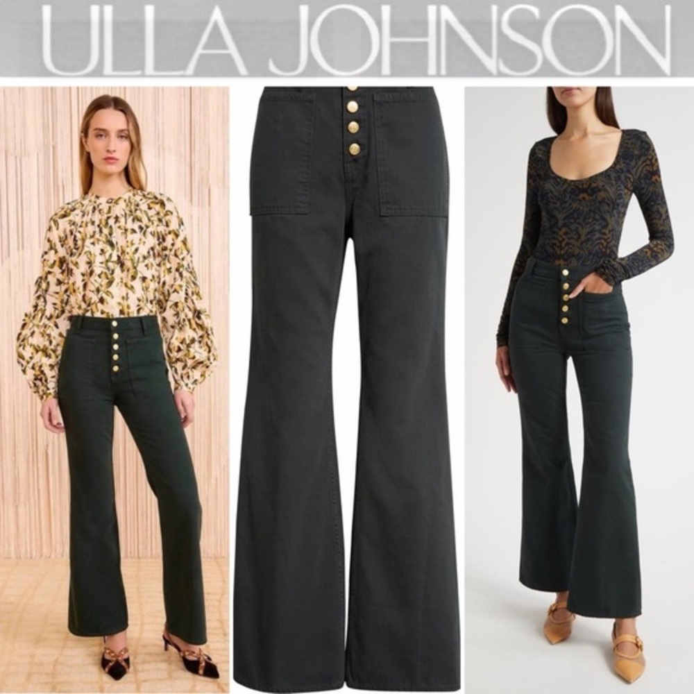 Ulla Johnson The Lou High Waist Flare Jeans Pants Hunter with Gold Buttons Sz 23